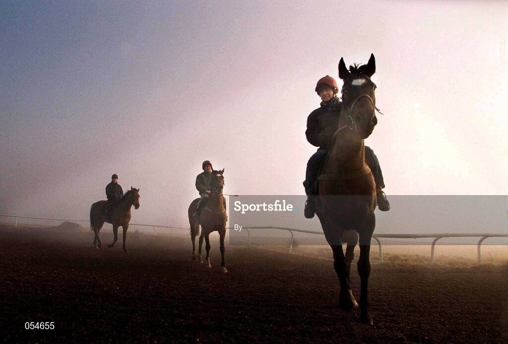 18 January 2000; Jessica Harrington on No Mercy leads Moscow Express ridden by Eamonn Leigh and Spacetrucker ridden by Gordon Elliott for a run on the gallops at the Curragh Race Corse, Co. Kildare, Horse Racing. Picture credit; Matt Browne/SPORTSFILE