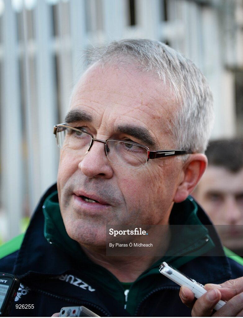 19 October 2014; Moorefield manager Luke Dempsey is interviewed by journalists after the game. Kildare County Senior Football Championship Final, Sarsfields v Moorefield, St Conleth's Park, Newbridge, Co. Kildare. Picture credit: Piaras Ó Mídheach / SPORTSFILE