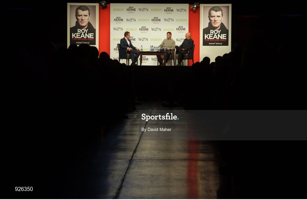 22 October 2014; Pictured is legendary former professional football player and current Republic of Ireland assistant manager Roy Keane who marked the launch of his new book 'The Second Half' at an exclusive Eason event in the RDS. Joined on stage with co-author of the book, Roddy Doyle, and presenter Hugh Cahill, Keane treated fans to some great insights into his life and achievements. Keane’s book, The Second Half, is currently on sale in Eason stores nationwide and online at www.easons.com. RDS, Ballsbridge, Dublin. Picture credit: David Maher / SPORTSFILE