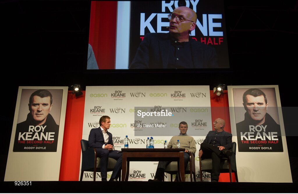 22 October 2014; Pictured is legendary former professional football player and current Republic of Ireland assistant manager Roy Keane who marked the launch of his new book 'The Second Half' at an exclusive Eason event in the RDS. Joined on stage with co-author of the book, Roddy Doyle, and presenter Hugh Cahill, Keane treated fans to some great insights into his life and achievements. Keane’s book, The Second Half, is currently on sale in Eason stores nationwide and online at www.easons.com. RDS, Ballsbridge, Dublin. Picture credit: David Maher / SPORTSFILE