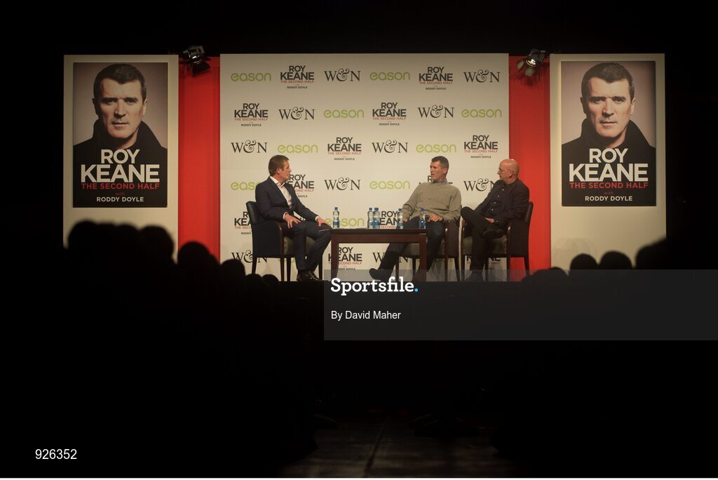 22 October 2014; Pictured is legendary former professional football player and current Republic of Ireland assistant manager Roy Keane who marked the launch of his new book 'The Second Half' at an exclusive Eason event in the RDS. Joined on stage with co-author of the book, Roddy Doyle, and presenter Hugh Cahill, Keane treated fans to some great insights into his life and achievements. Keane’s book, The Second Half, is currently on sale in Eason stores nationwide and online at www.easons.com. RDS, Ballsbridge, Dublin. Picture credit: David Maher / SPORTSFILE