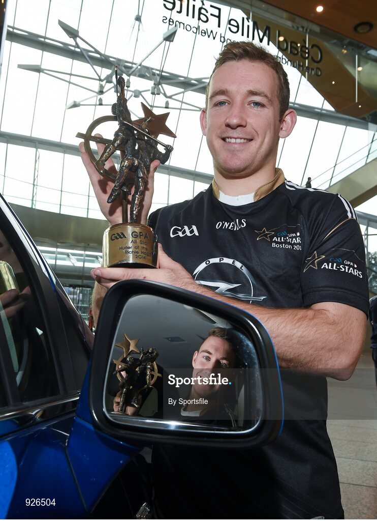 24 October 2014; Kerry footballer James O'Donoghue, left, and Kilkenny hurler Richie Hogan, right, with their 2014 GAA GPA All-Star Player of the Year awards. Convention Centre, Dublin. Photo by Sportsfile