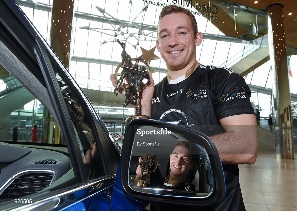 24 October 2014; Kerry footballer James O'Donoghue, left, and Kilkenny hurler Richie Hogan, right, with their 2014 GAA GPA All-Star Player of the Year awards. Convention Centre, Dublin. Photo by Sportsfile