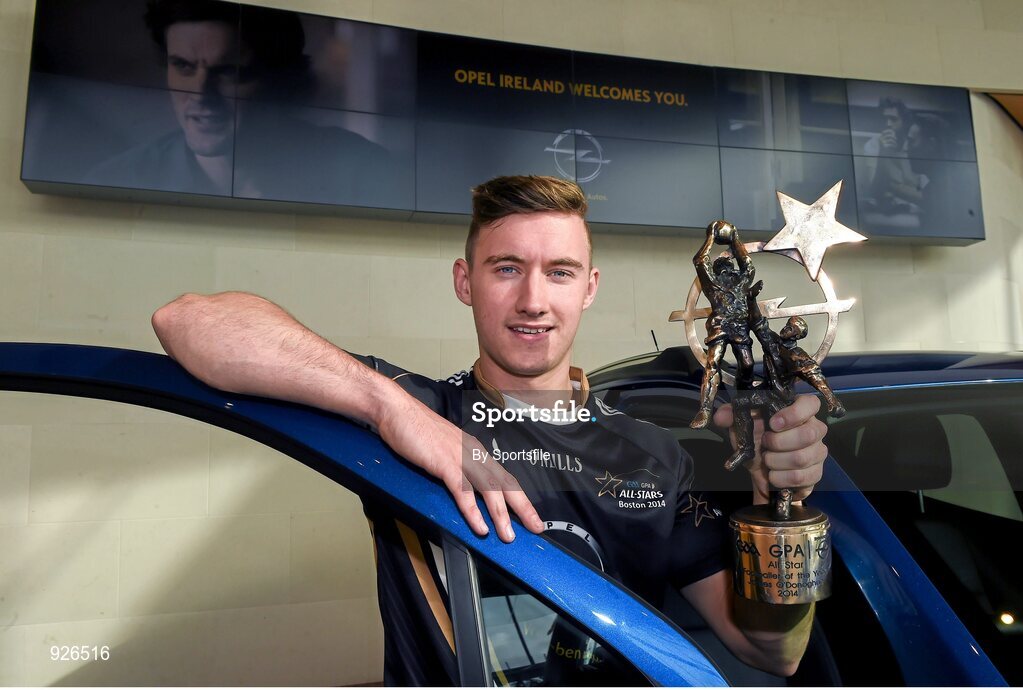 24 October 2014; Kerry footballer James O'Donoghue with his 2014 GAA GPA All-Star Player of the Year award. Convention Centre, Dublin. Photo by Sportsfile