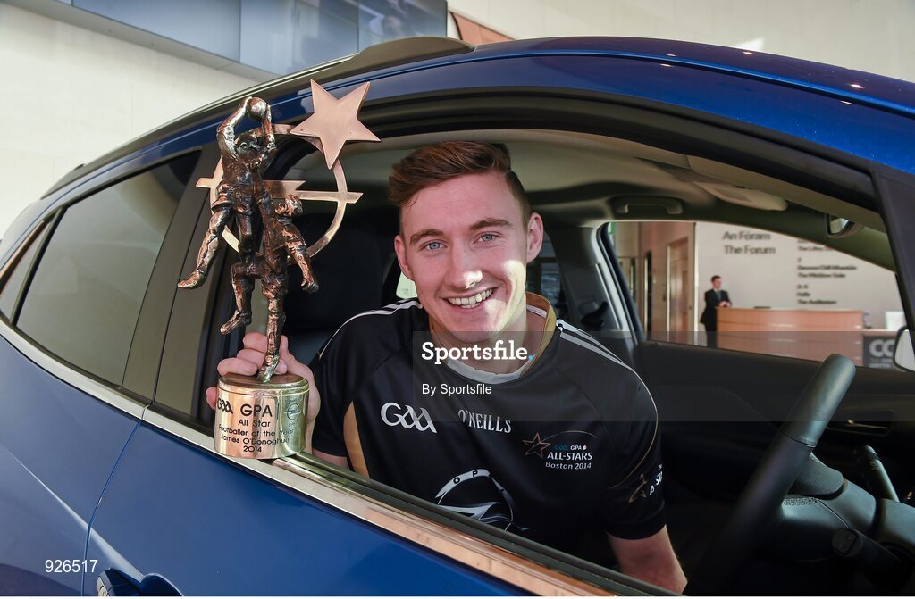 24 October 2014; Kerry footballer James O'Donoghue with his 2014 GAA GPA All-Star Player of the Year award. Convention Centre, Dublin. Photo by Sportsfile