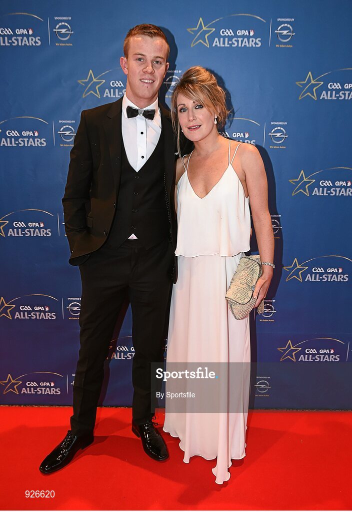 24 October 2014; Kerry footballer Fionn Fitzgerald and Claire Hines at the GAA GPA All-Star Awards 2014, sponsored by Opel, in the Convention Centre, Dublin. Photo by Sportsfile
