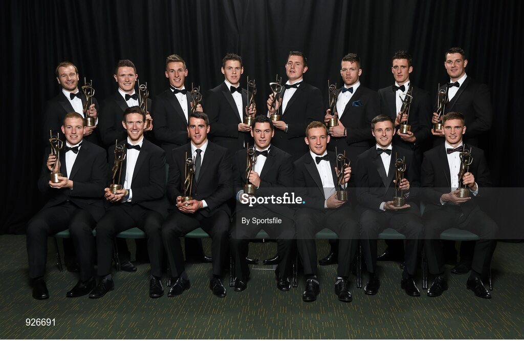 24 October 2014; The 2014 GAA GPA All-Star Hurling Team of the Year, back row, from left, JJ Delaney, Kilkenny, Paul Murphy, Kilkenny, Cillian Buckley, Kilkenny, TJ Reid, Kilkenny, Darren Gleeson, Tipperary, Pádraic Maher, Tipperary, Colin Fennelly, Killkeny, Séamus Callanan, Tipperary, with, front row, from left, Shane Dowling, Limerick, Séamus Hickey, Limerick, Patrick Maher, Tipperary, John O'Dwyer, Tipperary, Richie Hogan, Kilkenny, Shane McGrath, Tipperary, and Brendan Maher, Tipperary, at the 2014 GAA GPA All-Star Awards, sponsored by Opel. Convention Centre, Dublin. Photo by Sportsfile