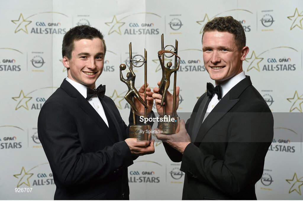 24 October 2014; Kerry footballer Paul Murphy, left, and Kilkenny hurler Paul Murphy, right, with their 2014 GAA GPA All-Star award at the 2014 GAA GPA All-Star Awards, sponsored by Opel. Convention Centre, Dublin. Photo by Sportsfile