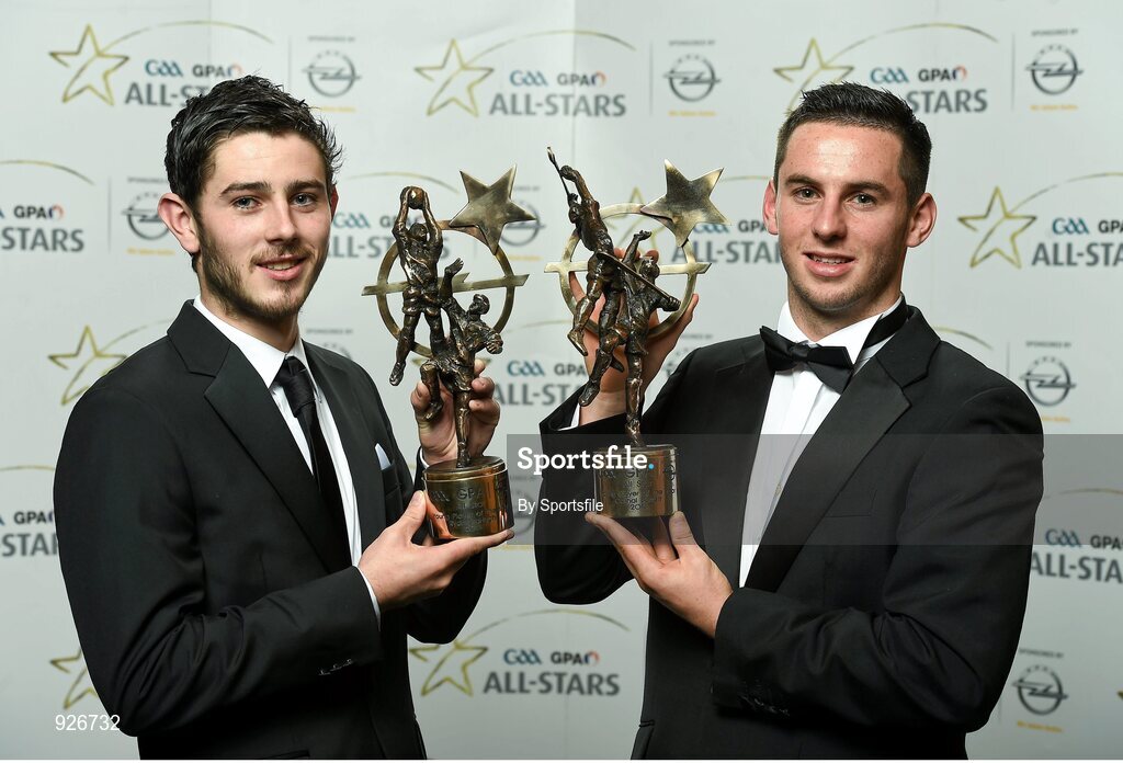 24 October 2014; Donegal footballer Ryan McHugh and Tipperary hurler Cathal Barrett with their 2014 GAA GPA All-Star Young Player of the Year awards at the 2014 GAA GPA All-Star Awards, sponsored by Opel. Convention Centre, Dublin. Photo by Sportsfile