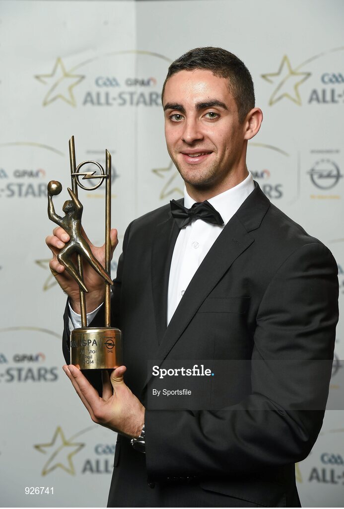 24 October 2014; Dublin footballer James McCarthy with his 2014 GAA GPA All-Star award at the 2014 GAA GPA All-Star Awards, sponsored by Opel. Convention Centre, Dublin. Photo by Sportsfile