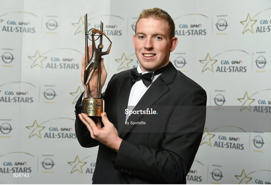 24 October 2014; Limerick hurler Shane Dowling with his 2014 GAA GPA All-Star award at the 2014 GAA GPA All-Star Awards, sponsored by Opel. Convention Centre, Dublin. Photo by Sportsfile