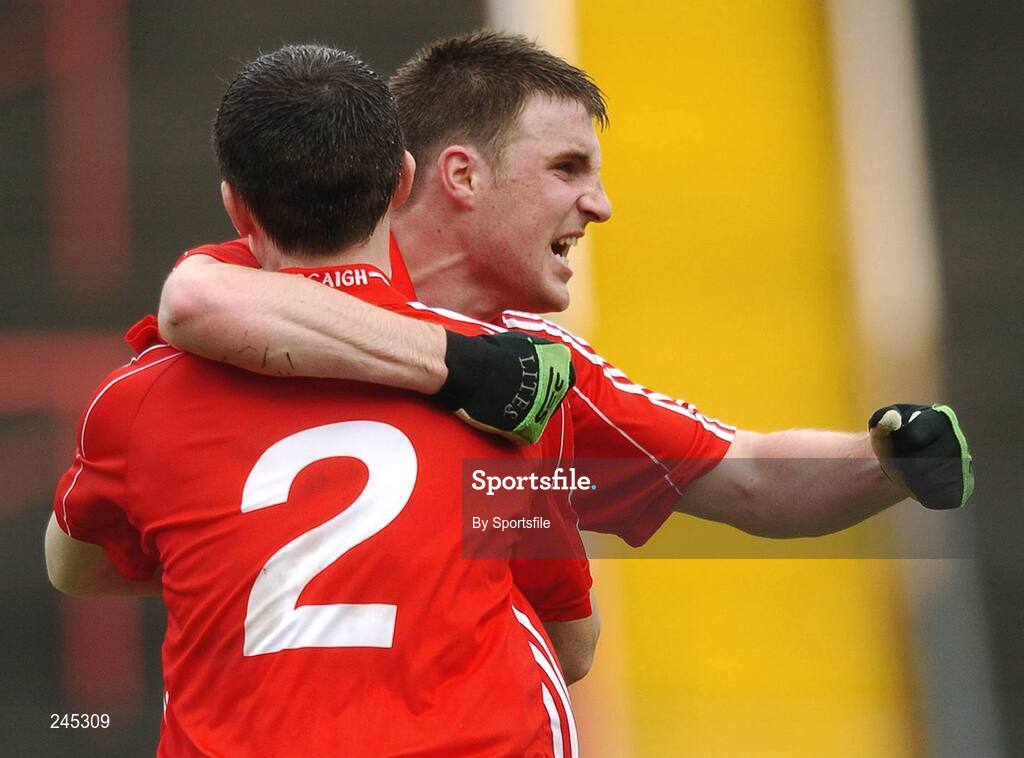 22 April 2007; David Limerick, Cork, hugs team-mate Ray Carey, no. 2, at the end of the game. Cadbury All-Ireland U21 Football Championship Semi-Final, Cork v Armagh, O'Moore Park, Portlaoise, Co. Laois. Photo by Sportsfile
