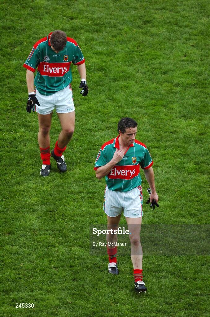 22 April 2007; Dejected Mayo players Aidan Kilcoyne, left, and Keith O'Neill leave the field. Allianz National Football League, Division 1, Final, Mayo v Donegal, Croke Park, Co. Dublin. Picture credit: Ray McManus / SPORTSFILE