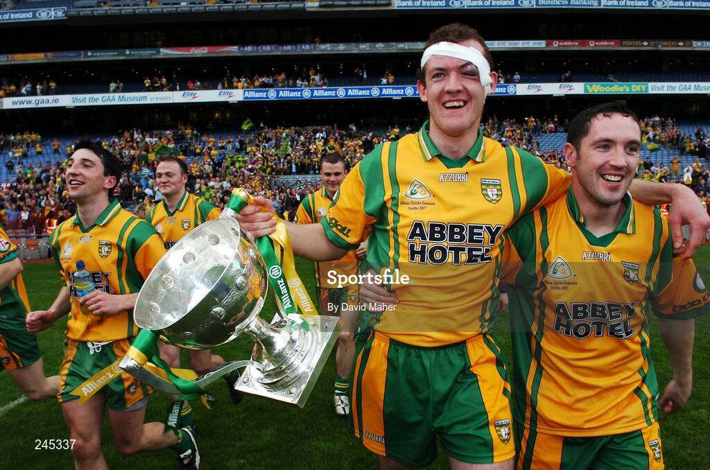 22 April 2007;  Donegal captain Neil Gallagher holds the cup as he celebrates with team-mate Brendan Devenney, right, at the end of the game. Allianz National Football League, Division 1 Final, Mayo v Donegal, Croke Park, Dublin. Picture credit: David Maher / SPORTSFILE