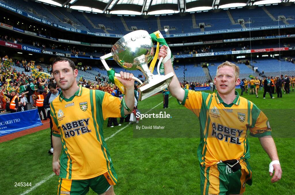 22 April 2007; Donegals players Brendan Devenney, left, and Brian Roper celebrate at the end of the game. Allianz National Football League, Division 1 Final, Mayo v Donegal, Croke Park, Dublin. Picture credit: David Maher / SPORTSFILE