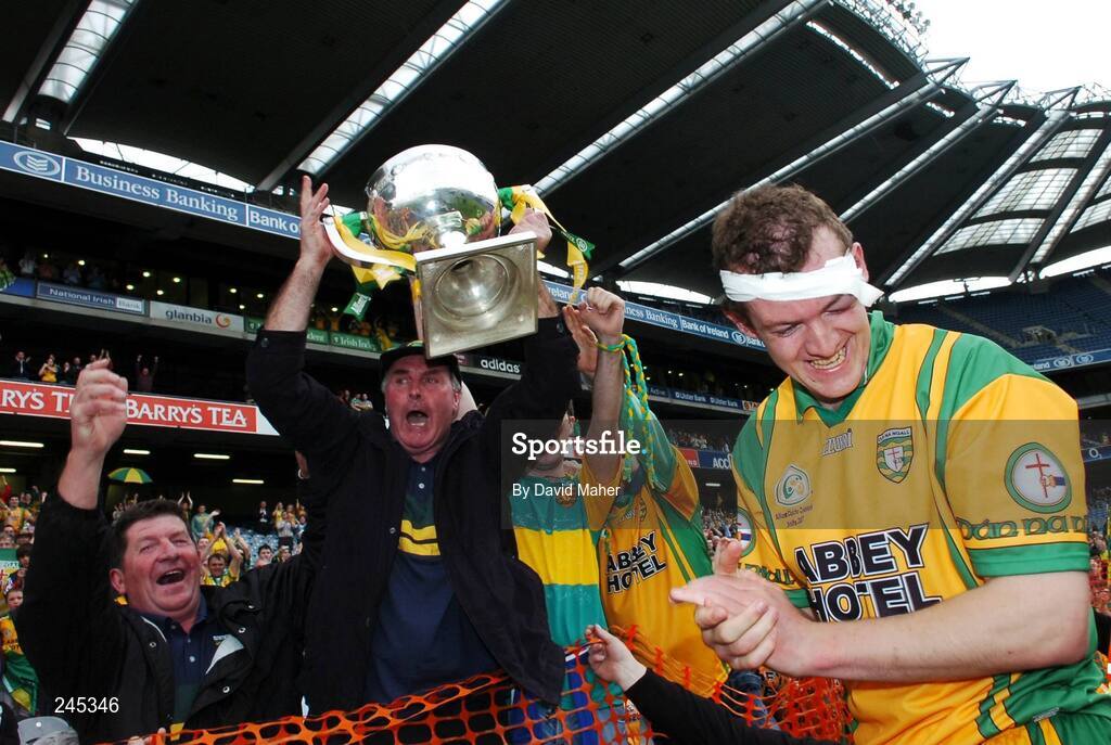 22 April 2007; Donegal captain Neil Gallagher celebrates with supporters at the end of the game. Allianz National Football League, Division 1 Final, Mayo v Donegal, Croke Park, Dublin. Picture credit: David Maher / SPORTSFILE