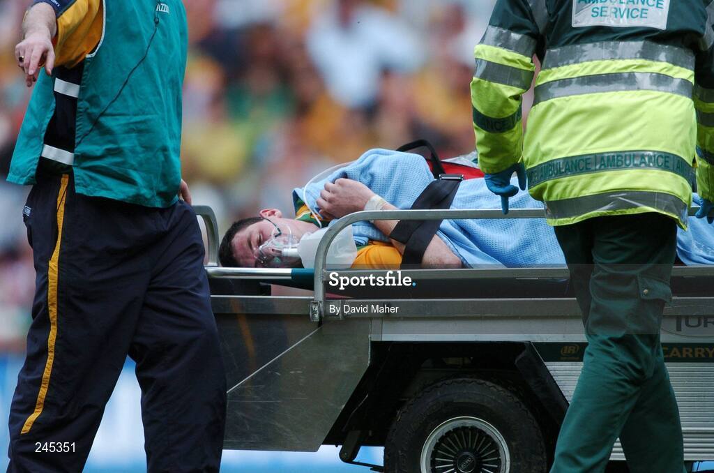 22 April 2007; Donegal player Ciaran Bonner is stretchered off the pitch by medical staff during the second half of the game. Allianz National Football League, Division 1 Final, Mayo v Donegal, Croke Park, Dublin. Picture credit: David Maher / SPORTSFILE