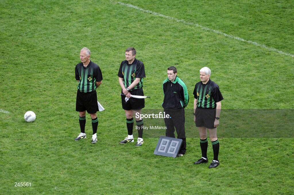22 April 2007; Referee John Bannon stands alongside his officials, from left, linesmen Gabriel McKenny and Aidan Mangan, and Niall Cronin, sideline official, for the National Anthem. Allianz National Football League, Division 1, Final, Mayo v Donegal, Croke Park, Co. Dublin. Picture credit: Ray McManus / SPORTSFILE