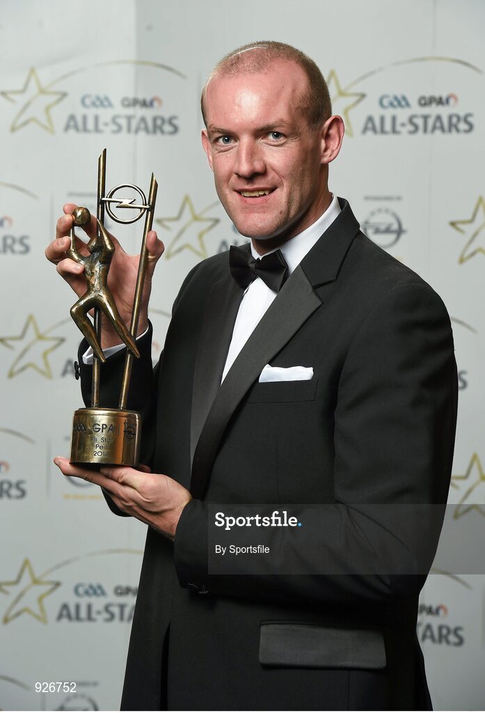 24 October 2014; Donegal footballer Neil Gallagher with his 2014 GAA GPA All-Star award at the 2014 GAA GPA All-Star Awards, sponsored by Opel. Convention Centre, Dublin. Photo by Sportsfile