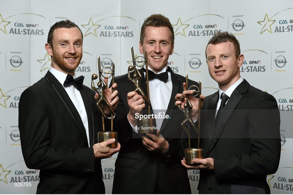 24 October 2014; Mayo footballers, from left, Keith Higgins, Cillian O'Connor and Colm Boyle with their 2014 GAA GPA All-Star awards at the 2014 GAA GPA All-Star Awards, sponsored by Opel. Convention Centre, Dublin. Photo by Sportsfile