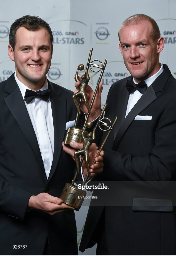 24 October 2014; Donegal footballers Michael Murphy, left, and Neil Gallagher with their 2014 GAA GPA All-Star awards at the 2014 GAA GPA All-Star Awards, sponsored by Opel. Convention Centre, Dublin. Photo by Sportsfile