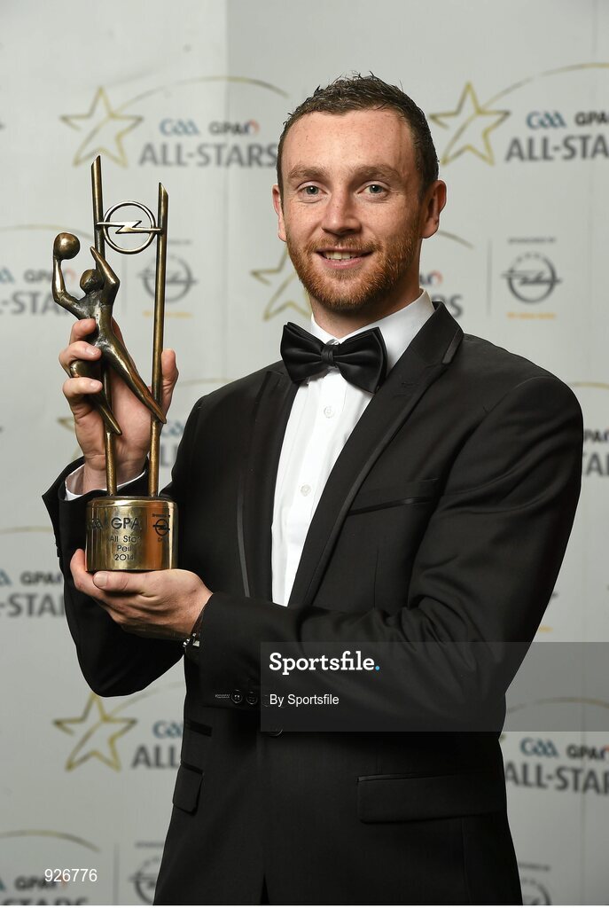 24 October 2014; Mayo footballer Keith Higgins with his 2014 GAA GPA All-Star award at the 2014 GAA GPA All-Star Awards, sponsored by Opel. Convention Centre, Dublin. Photo by Sportsfile