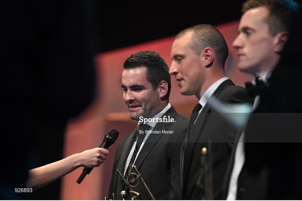 24 October 2014; Paul Durcan, Donegal, in the company of Kieran Donaghy, Kerry, centre and Cillian O'Connor, Mayo, is interviewed during the 2014 GAA GPA All-Star Awards, sponsored by Opel. Convention Centre, Dublin.  Picture credit: Brendan Moran / SPORTSFILE