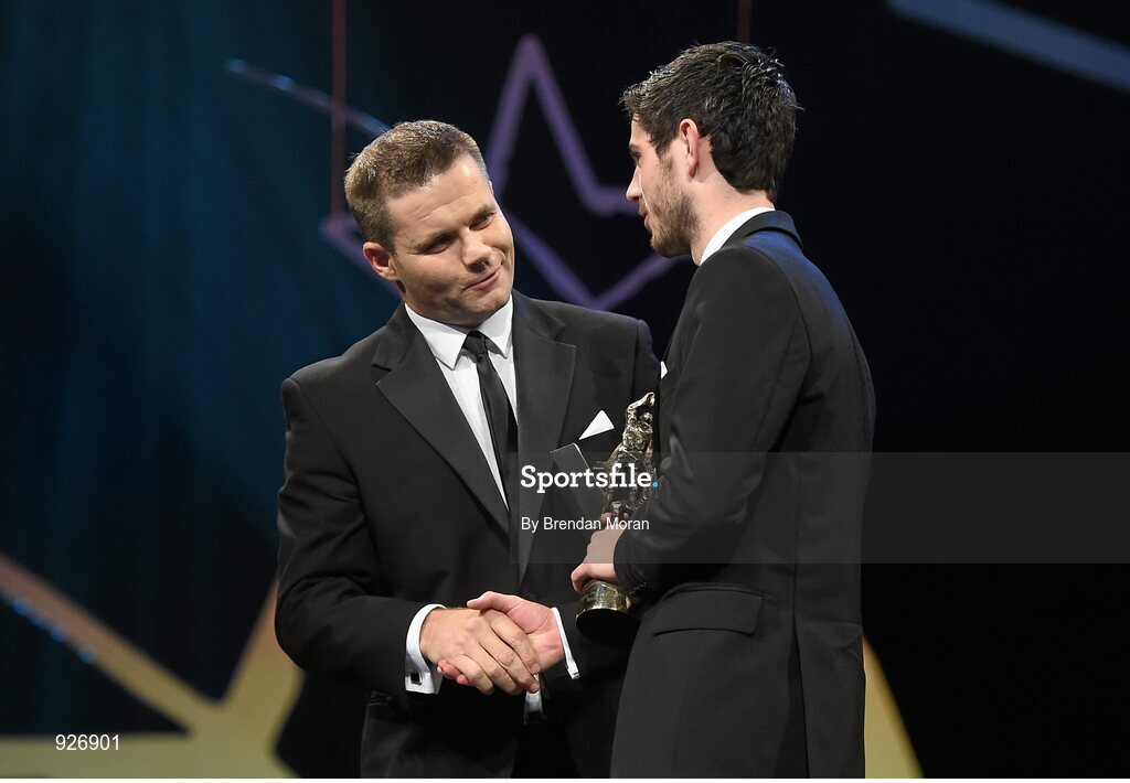 24 October 2014; Ryan McHugh, Donegal, is presented with the Young Footballer of the Year award by Dessie Farrell, CEO, GPA, during the 2014 GAA GPA All-Star Awards, sponsored by Opel. Convention Centre, Dublin. Picture credit: Brendan Moran / SPORTSFILE