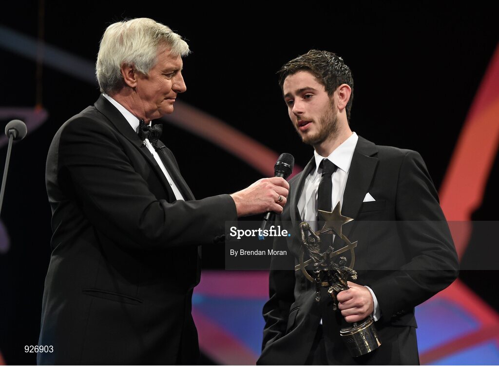 24 October 2014; Young Footballer of the Year Ryan McHugh, Donegal, is interviewed by MC Michael Lyster during the 2014 GAA GPA All-Star Awards, sponsored by Opel. Convention Centre, Dublin. Picture credit: Brendan Moran / SPORTSFILE