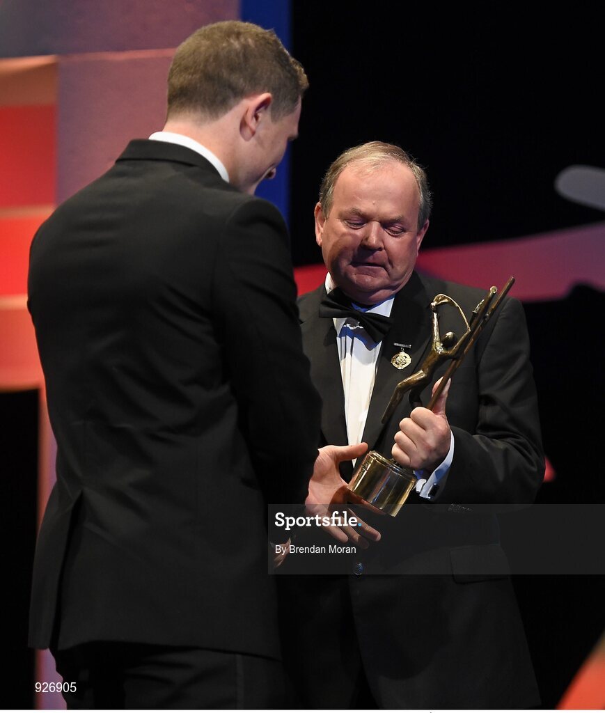 24 October 2014; Paul Murphy, Kilkenny, is presented with his All-Star award by Uachtarán Chumann Lúthchleas Gael Liam Ó Néill during the 2014 GAA GPA All-Star Awards, sponsored by Opel. Convention Centre, Dublin. Picture credit: Brendan Moran / SPORTSFILE