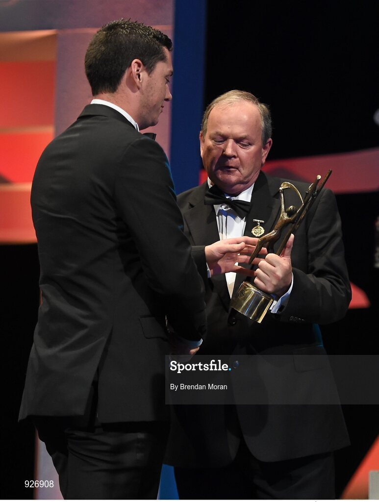 24 October 2014; John O'Dwyer, Tipperary, is presented with his All-Star award by Uachtarán Chumann Lúthchleas Gael Liam Ó Néill and Donal Og Cusack, right, Chairman, GPA, during the 2014 GAA GPA All-Star Awards, sponsored by Opel. Convention Centre, Dublin. Picture credit: Brendan Moran / SPORTSFILE