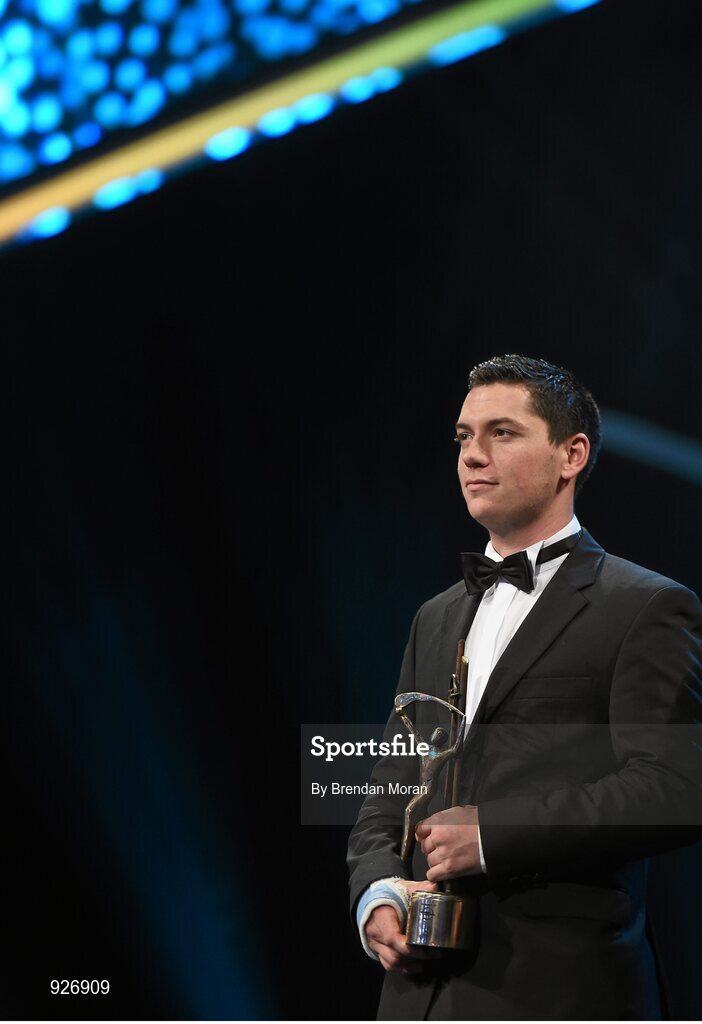 24 October 2014; John O'Dwyer, Tipperary, with his All-Star award during the 2014 GAA GPA All-Star Awards, sponsored by Opel. Convention Centre, Dublin. Picture credit: Brendan Moran / SPORTSFILE