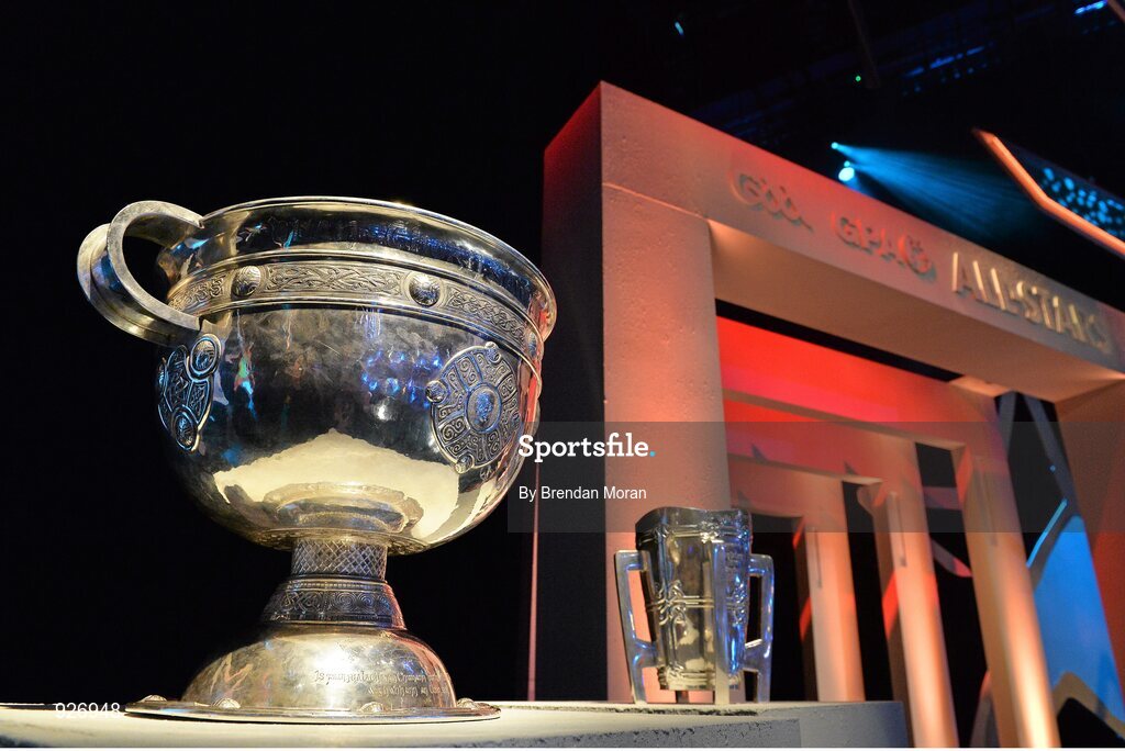 24 October 2014; A general view of the Sam Maguire Cup and Liam MacCarthy Cup during the 2014 GAA GPA All-Star Awards, sponsored by Opel. Convention Centre, Dublin. Picture credit: Brendan Moran / SPORTSFILE