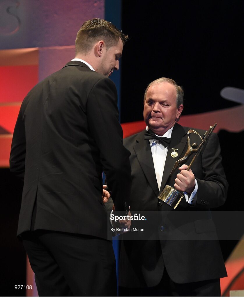 24 October 2014; Seamus Callanan, Tipperary, is presented with his All-Star award by Uachtarán Chumann Lúthchleas Gael Liam Ó Néill during the 2014 GAA GPA All-Star Awards, sponsored by Opel. Convention Centre, Dublin.  Picture credit: Brendan Moran / SPORTSFILE