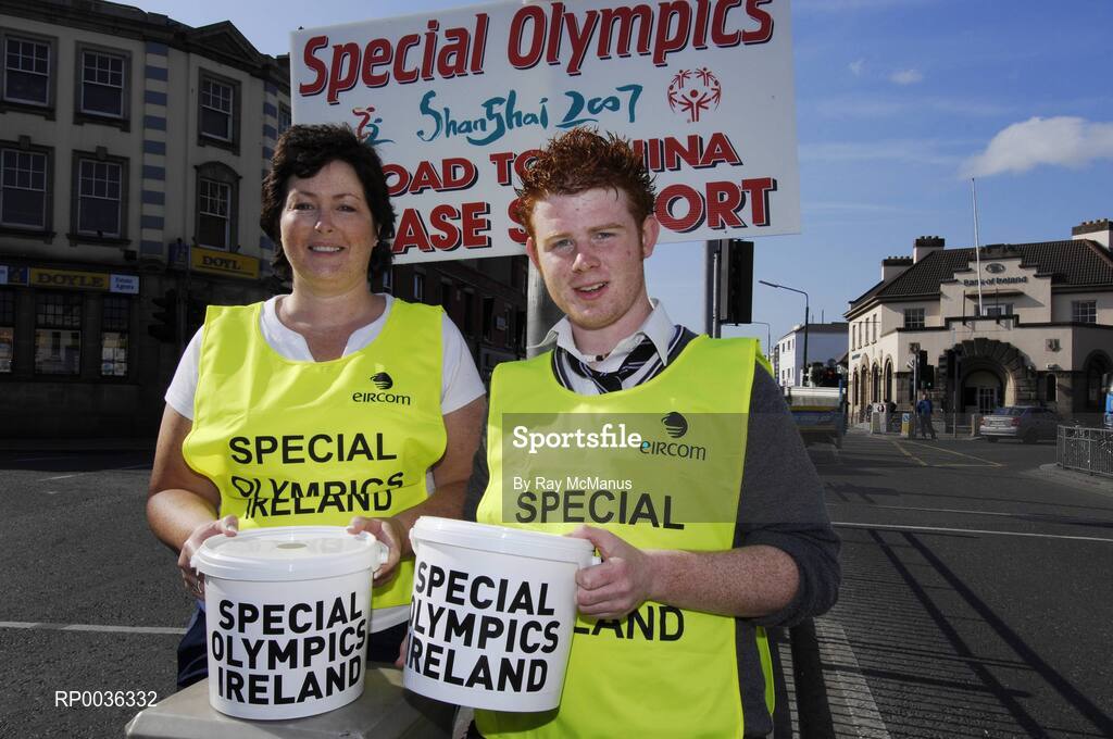 27 April 2007; Irene Breen and Terenure College transition year student Rob Lynam collecting donations at Rathfarnham Road, Terenure, during the Special Olympics "Road to China" Collection Day, the aim of which is to provide more opportunities for people with a learning difficulty in their own communities and to help prepare Team Ireland for the 2007 World Games in China in October. Picture credit: Ray McManus / SPORTSFILE