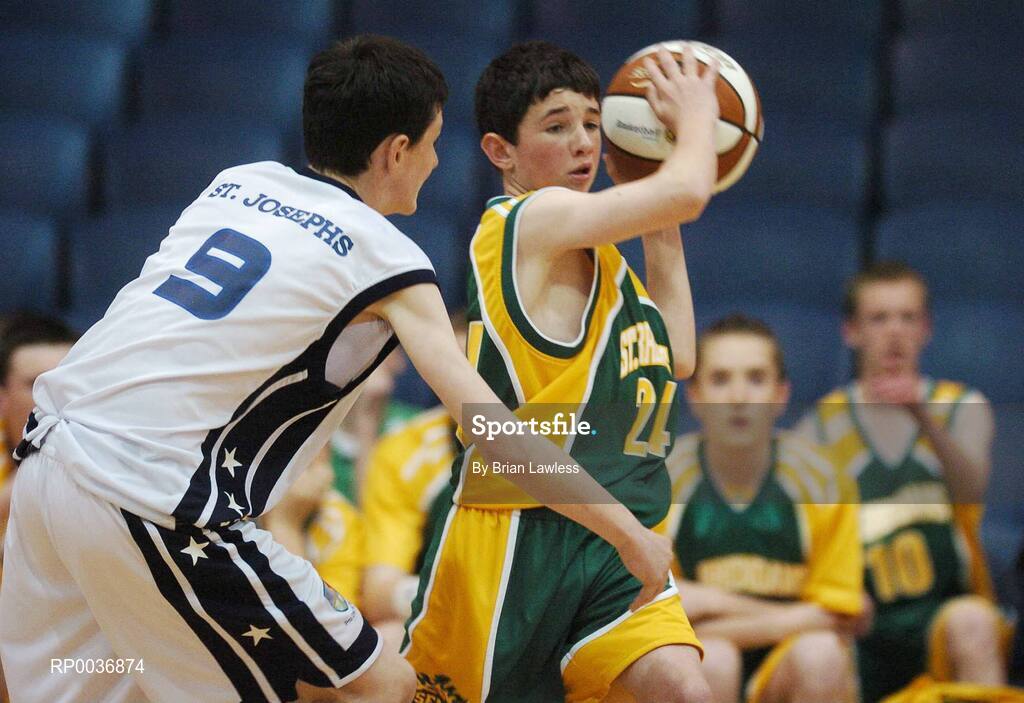 9 May 2007; Aidan Slattery, St. Brendan's College, in action against Brian Kelly, St. Joseph's College. Schools Basketball Second Year Finals, A Boys Final, St. Joseph's College, Galway v St. Brendan's College, Killarney, National Basketball Arena, Tallaght, Dublin. Picture credit: Brian Lawless / SPORTSFILE