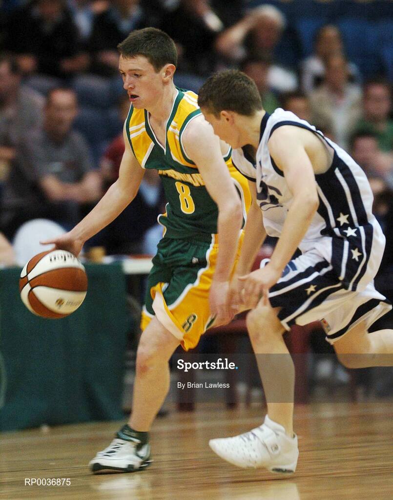 9 May 2007; Shaun Keane, St. Brendan's College, in action against Sean Moran, St. Joseph's College. Schools Basketball Second Year Finals, A Boys Final, St. Joseph's College, Galway v St. Brendan's College, Killarney, National Basketball Arena, Tallaght, Dublin. Picture credit: Brian Lawless / SPORTSFILE