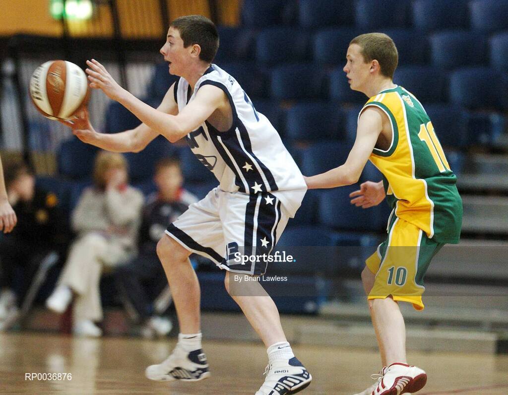 9 May 2007; Shane Geoghegan, St. Joseph's College, in action against Conor Magill, St. Brendan's College. Schools Basketball Second Year Finals, A Boys Final, St. Joseph's College, Galway v St. Brendan's College, Killarney, National Basketball Arena, Tallaght, Dublin. Picture credit: Brian Lawless / SPORTSFILE