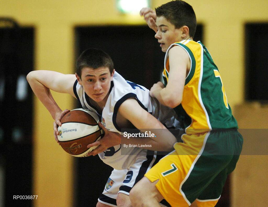9 May 2007; Shane Geoghegan, St. Joseph's College, in action against Con O'Mahoney, St. Brendan's College. Schools Basketball Second Year Finals, A Boys Final, St. Joseph's College, Galway v St. Brendan's College, Killarney, National Basketball Arena, Tallaght, Dublin. Picture credit: Brian Lawless / SPORTSFILE