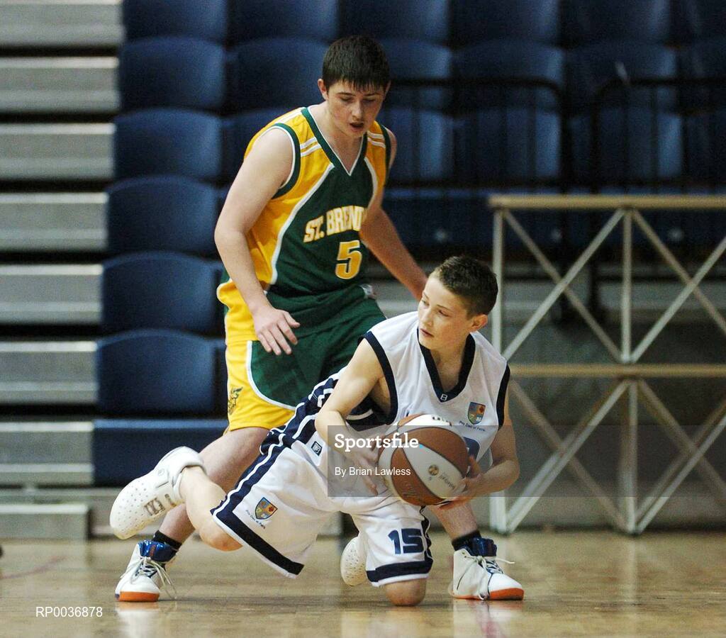 9 May 2007; Sean Moran, St. Joseph's College, in action against Neill McEntaggart, St. Brendan's College. Schools Basketball Second Year Finals, A Boys Final, St. Joseph's College, Galway v St. Brendan's College, Killarney, National Basketball Arena, Tallaght, Dublin. Picture credit: Brian Lawless / SPORTSFILE