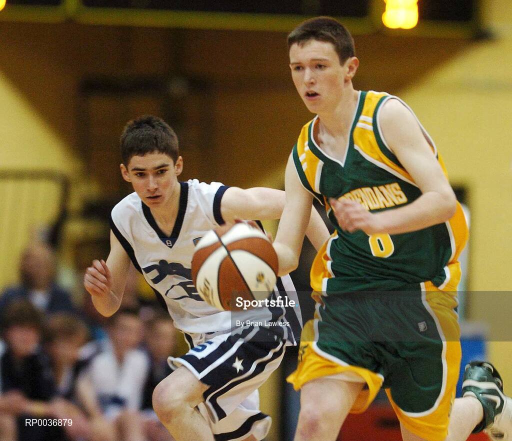 9 May 2007; Shaun Keane, St. Brendan's College, in action against Ciaran Harte, St. Joseph's College. Schools Basketball Second Year Finals, A Boys Final, St. Joseph's College, Galway v St. Brendan's College, Killarney, National Basketball Arena, Tallaght, Dublin. Picture credit: Brian Lawless / SPORTSFILE