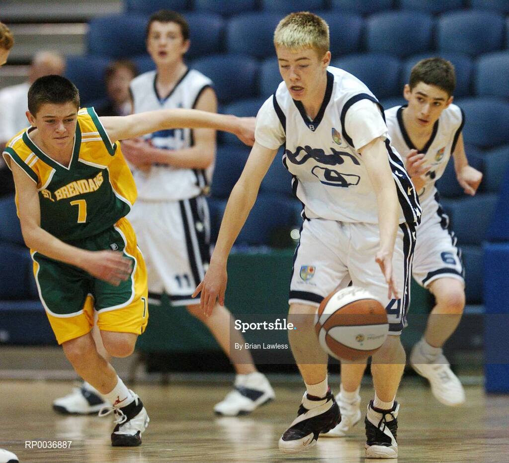 9 May 2007; Paul Gannon, St. Joseph's College, in action against Con O'Mahoney, St. Brendan's College. Schools Basketball Second Year Finals, A Boys Final, St. Joseph's College, Galway v St. Brendan's College, Killarney, National Basketball Arena, Tallaght, Dublin. Picture credit: Brian Lawless / SPORTSFILE