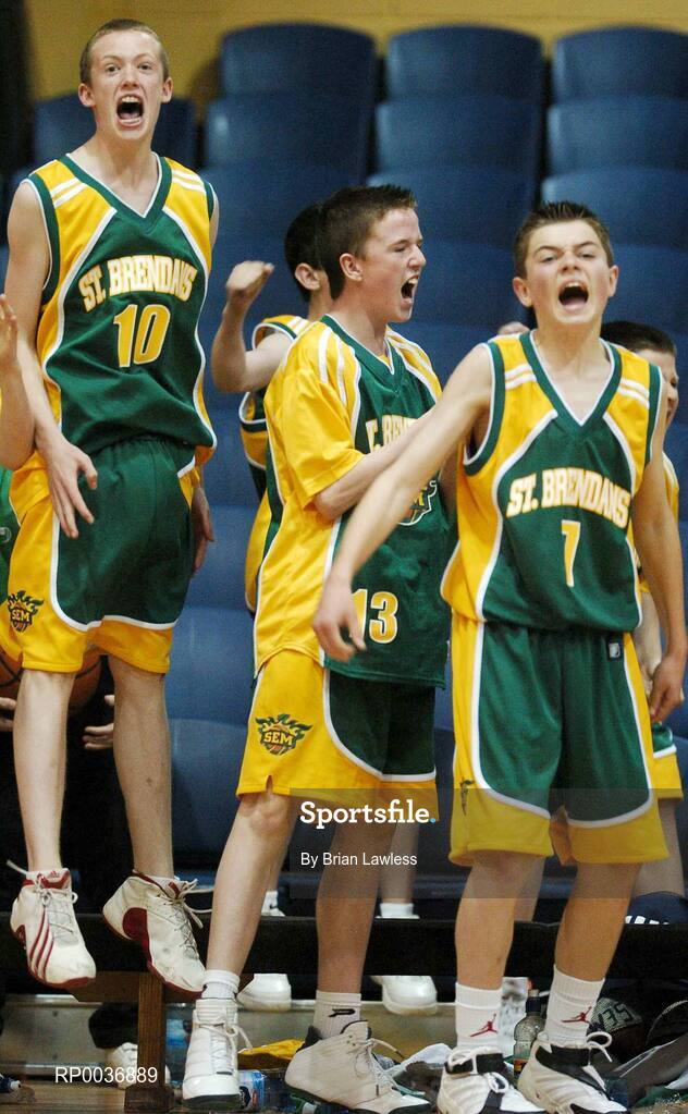 9 May 2007; St. Brendan's College players, from left, Conor Magill, Bryan Griffin, and Con O'Mahoney, celebrate a score. Schools Basketball Second Year Finals, A Boys Final, St. Joseph's College, Galway v St. Brendan's College, Killarney, National Basketball Arena, Tallaght, Dublin. Picture credit: Brian Lawless / SPORTSFILE