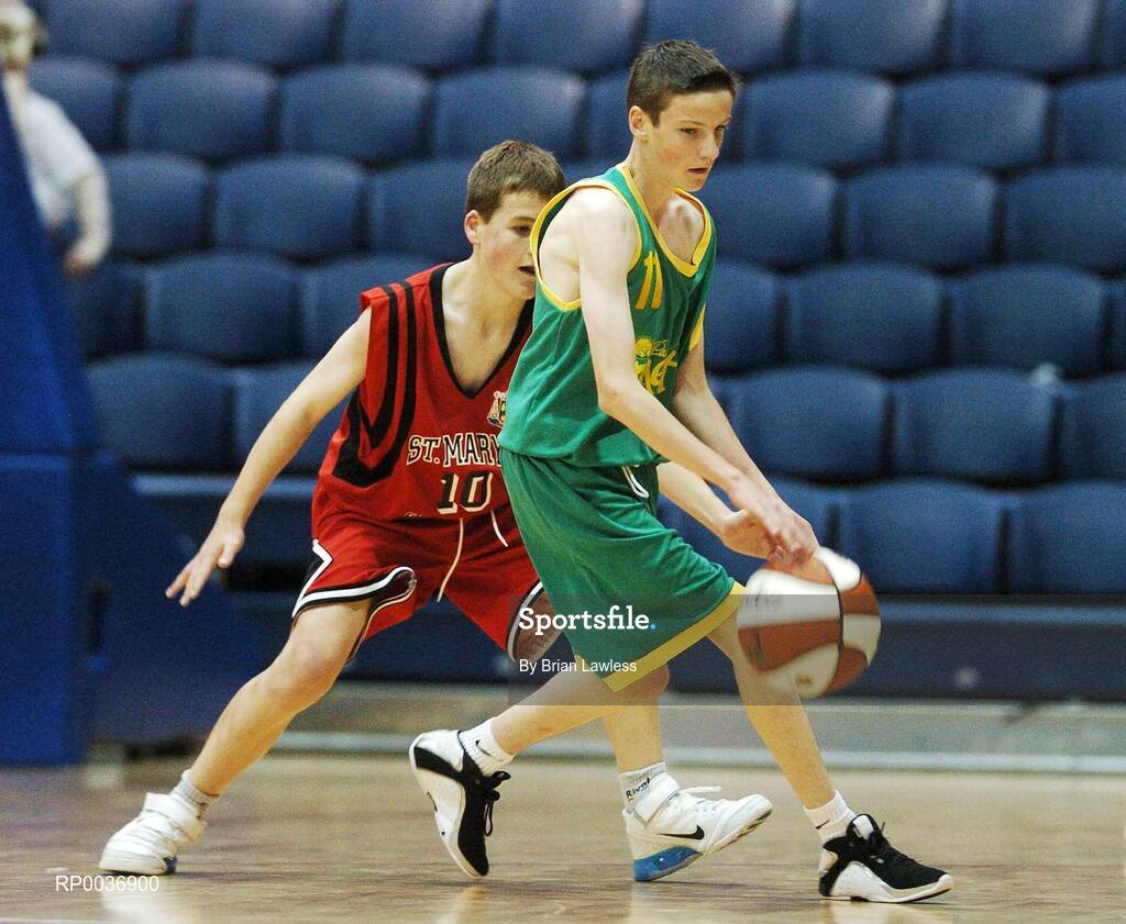 9 May 2007; Philip O'Connor, St. Patrick's Castleisland, in action against Greg Bohan, St. Mary's. Schools Basketball Second Year Finals, B Boys Final, St. Mary's, Galway v St. Patrick's Castleisland, Kerry, National Basketball Arena, Tallaght, Dublin. Picture credit: Brian Lawless / SPORTSFILE