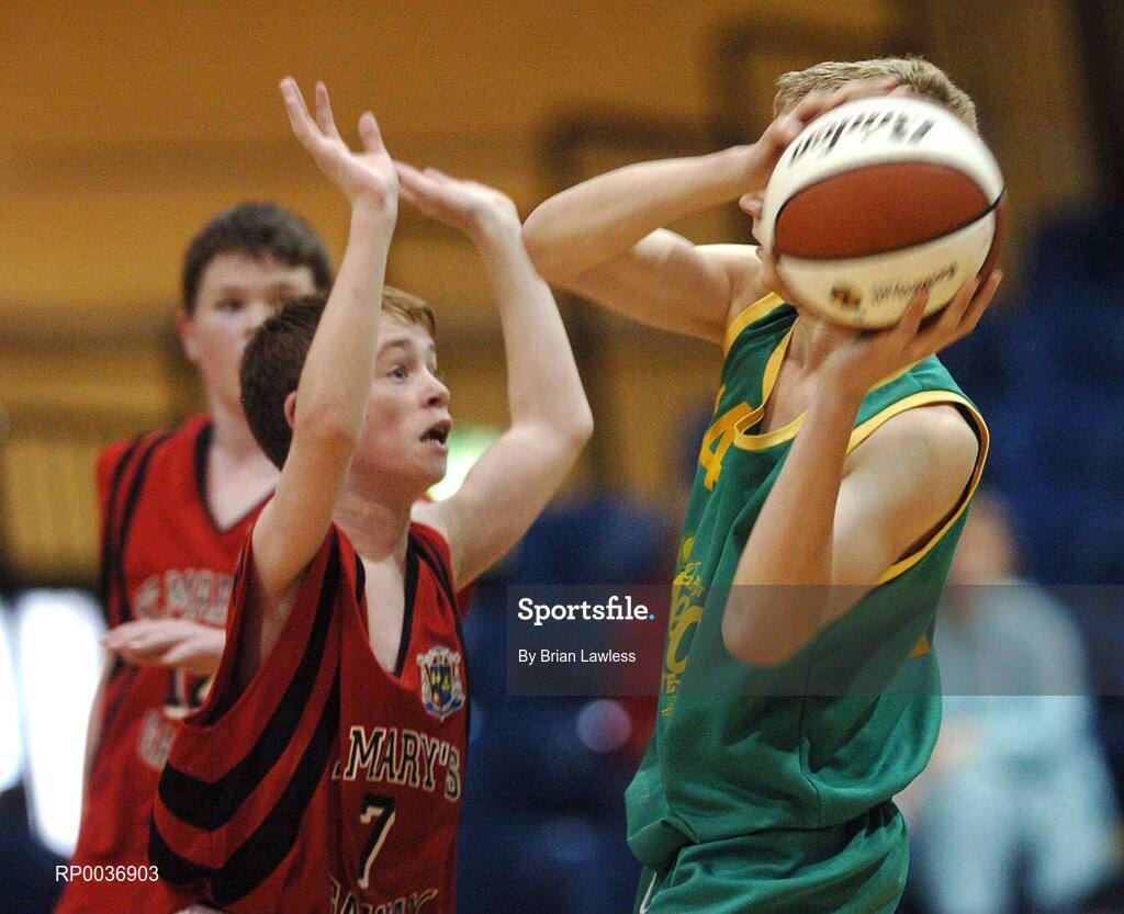 9 May 2007; Jack Kirwan, St. Patrick's Castleisland, in action against Stephen Fee, St. Mary's. Schools Basketball Second Year Finals, B Boys Final, St. Mary's, Galway v St. Patrick's Castleisland, Kerry, National Basketball Arena, Tallaght, Dublin. Picture credit: Brian Lawless / SPORTSFILE