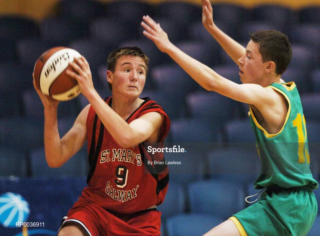 9 May 2007; Eoin Walsh, St. Mary's, in action against Michael Hanafin, St. Patrick's Castleisland. Schools Basketball Second Year Finals, B Boys Final, St. Mary's, Galway v St. Patrick's Castleisland, Kerry, National Basketball Arena, Tallaght, Dublin. Picture credit: Brian Lawless / SPORTSFILE