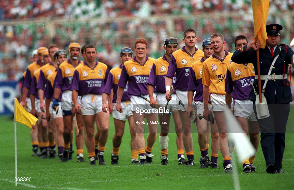 1 September 1996; The Wexford team, lead by captain Martin Storey, during the pre-match parade. Wexford v Limerick, All Ireland Hurling Final, Croke Park, Dublin. Picture credit; Ray McManus / SPORTSFILE