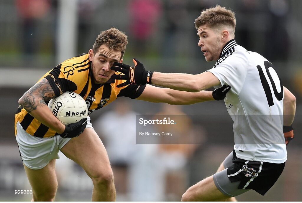 2 November 2014; Rico Kelly, Crossmaglen Rangers, in action against Aaron Grugan, Omagh St Enda’s. AIB Ulster GAA Football Senior Club Championship, Quarter-Final, Omagh St Enda’s v Crossmaglen Rangers, Healy Park, Omagh, Co. Tyrone. Picture credit: Ramsey Cardy / SPORTSFILE