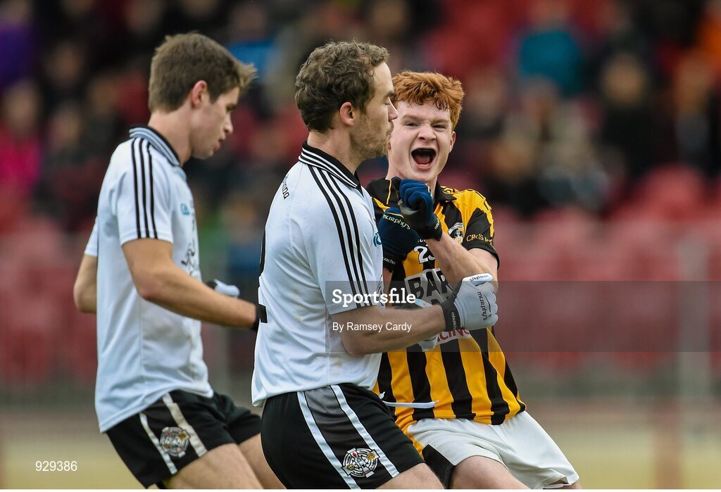 2 November 2014; Crossmaglen Rangers Padraig Studdard, right, celebrates scoring the first goal of the game. AIB Ulster GAA Football Senior Club Championship, Quarter-Final, Omagh St Enda’s v Crossmaglen Rangers, Healy Park, Omagh, Co. Tyrone. Picture credit: Ramsey Cardy / SPORTSFILE