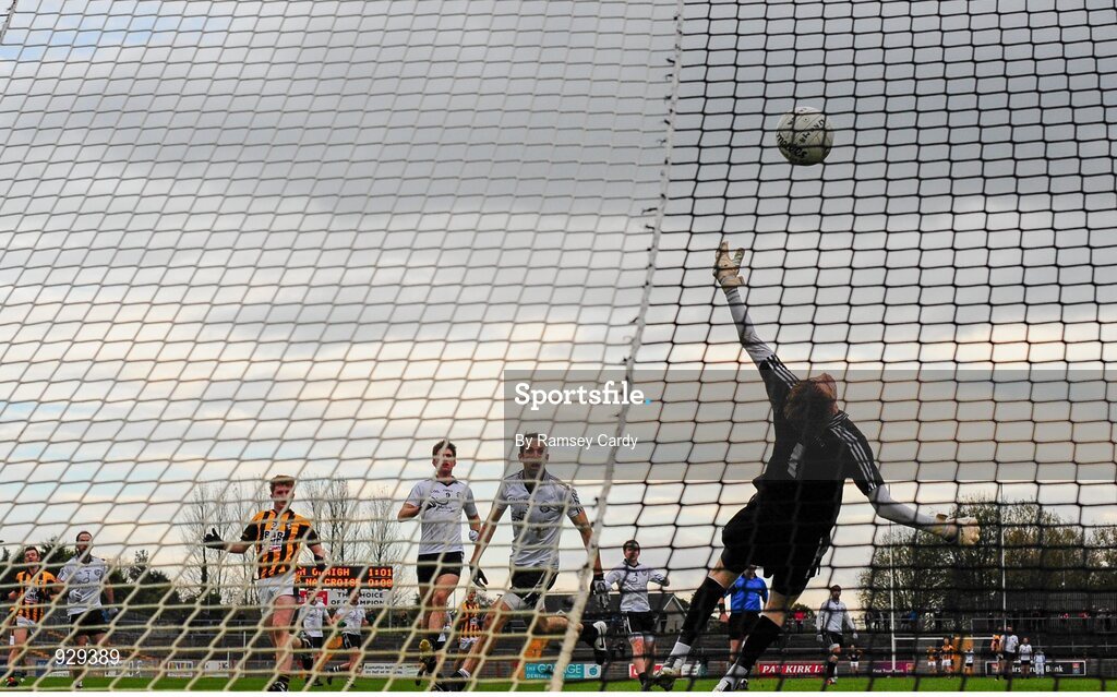 2 November 2014; Omagh St Enda’s goalkeeper Ryan Clarke fails to stop Crossmaglen Rangers' Padraig Studdard scoring the first goal of the game. AIB Ulster GAA Football Senior Club Championship, Quarter-Final, Omagh St Enda’s v Crossmaglen Rangers, Healy Park, Omagh, Co. Tyrone. Picture credit: Ramsey Cardy / SPORTSFILE
